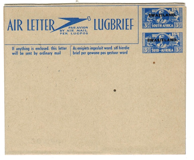 SWAZILAND - 1944 3d+3d blue on buff postal stationery air letter unused.  H&G 1.