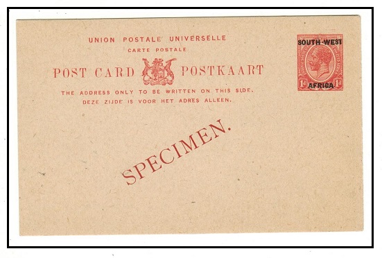 SOUTH WEST AFRICA - 1923 1d red PSC unused with SPECIMEN applied diagonally in red.  H&G 1.