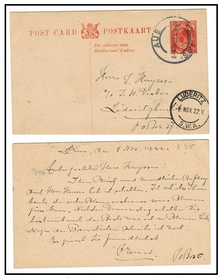 SOUTH WEST AFRICA - 1920 1d red South African PSC used locally at AUS.  H&G 7.