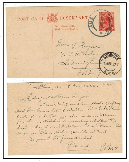 SOUTH WEST AFRICA - 1920 1d red South African PSC used locally at AUS.  H&G 7.