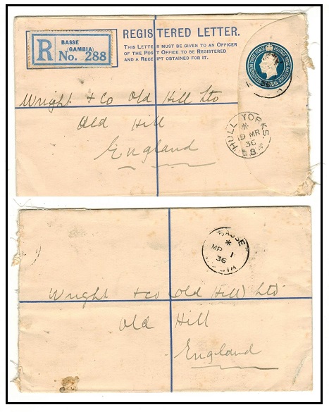 GAMBIA - 1924 3d + 1 1/2d blue RPSE to UK used at BASSE.  H&G 5a.