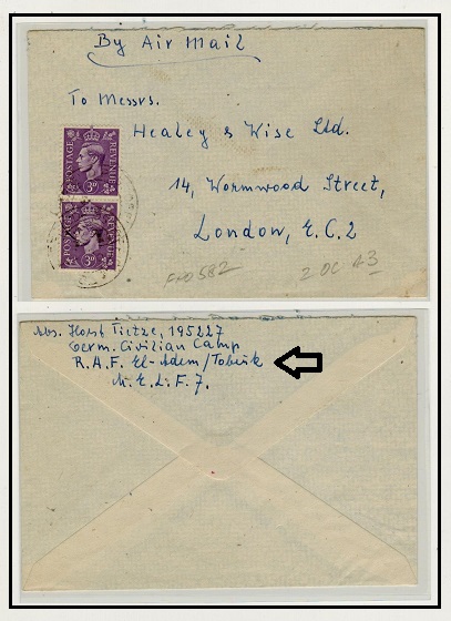 B.O.F.I.C. - 1943 6d rate cover to UK used at FPO 582 from Al Adem Civilian Camp.