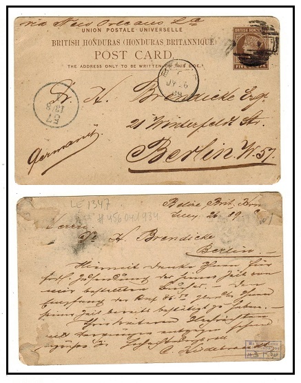 BRITISH HONDURAS - 1889 5c dark brown PSC to Germany used at BELIZE.  H&G 3.