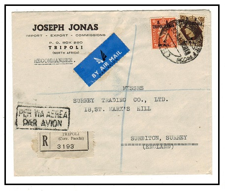 B.O.F.I.C. - 1950 28m registered cover to UK used at TRIPOLI.