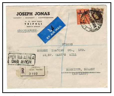 B.O.F.I.C. (Tripolitania) - 1950 28m registered cover to UK used at TRIPOLI.