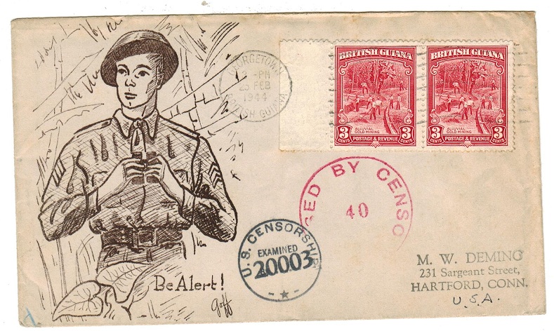 BRITISH GUIANA - 1944 illustrated cover to USA with PASSED BY CENSOR/40 h/s in red.