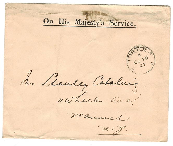 BRITISH VIRGIN ISLANDS - 1927 use of stampless OHMS envelope to USA from TORTOLA.