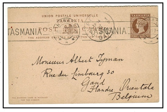 TASMANIA - 1892 1 1/2d + 1  1/2d brown PSRC to Belgium used at HOBART.  H&G 4.