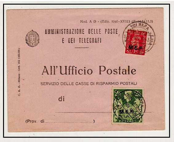 B.O.F.I.C. - 1943 Telegraph envelope bearing MEF 1d + 2/6d used at SIDI RAFA.