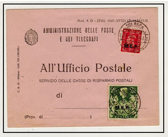 B.O.F.I.C. (Cyrenaica) - 1943 Telegraph envelope bearing MEF 1d + 2/6d used at SIDI RAFA.