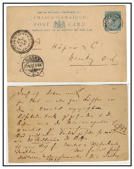 JAMAICA - 1891 1d blue PSC to Germany used at MALVERN.  H&G 17.