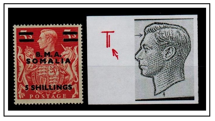 B.O.F.I.C. (Somalia) - 1948 5s on 5/- red with T GUIDE MARK.  SG S20.