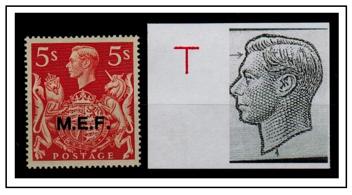 B.O.F.I.C. (MEF) - 1947 5/- red fine mint with T GUIDE MARK.  SG M20.