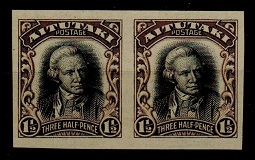 AITUTAKI - 1920 1 1/2d black and sepia IMPERFORATE PLATE PROOF pair.