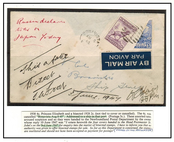 NEWFOUNDLAND - 1945 5c BI-SECT on BONAVISTA cover marked 