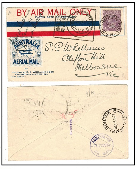 AUSTRALIA - 1927 4 1/2d rate flight cover from BROKEN HILL to MELBOURNE.