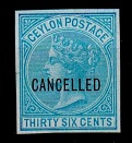 CEYLON - 1872 36c IMPERFORATE PLATE PROOF in blue overprinted CANCELLED.
