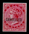 CEYLON - 1872 48c IMPERFORATE PLATE PROOF in rose overprinted CANCELLED.
