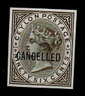 CEYLON - 1872 96c IMPERFORATE PLATE PROOF in drab-grey overprinted CANCELLED.
