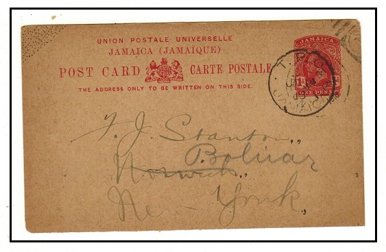 JAMAICA - 1912 1d carmine PSC to USA used on T.P.O./JAMAICA.  H&G 26.