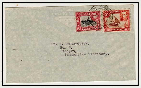 K.U.T. - 1950 20c rate cover to Kongwa cancelled DARESSALAAM-TOBORA T.P.O.UP. 