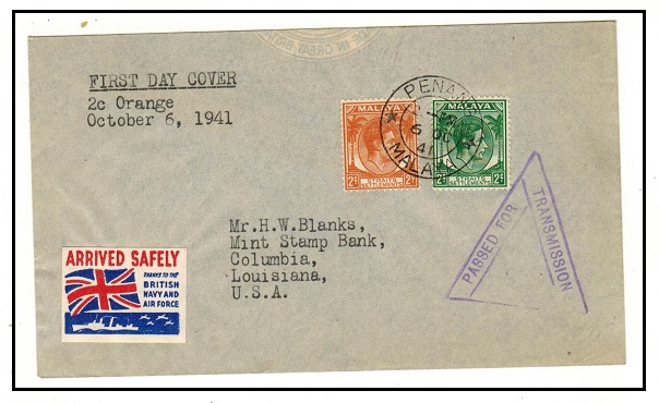 MALAYA - 1941 censored cover to USA with 