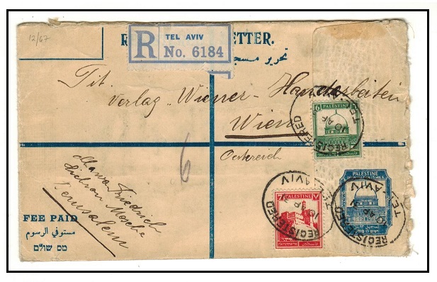 PALESTINE - 1929 13m ultramarine on cream RPSE addressed to Austria used at TEL AVIV.  H&G 2.