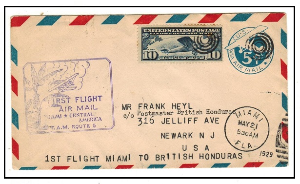 BRITISH HONDURAS - 1929 inward first flight cover from USA.