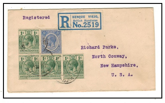 BRITISH HONDURAS - 1929 9c rate registered cover to USA used at BENQUE VIEJO.