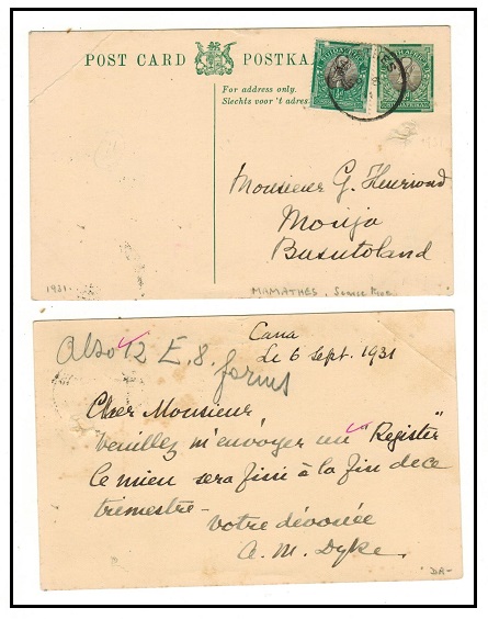 BASUTOLAND - 1931 use of S.African 1/2d PSC uprated and used at MAMANTHES.  