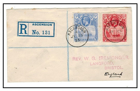 ASCENSION - 1925 4 1/2d rate registered cover to UK.