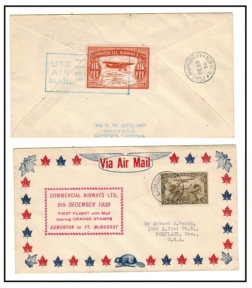 CANADA - 1930 Edmonton to Ft.McMurray first flight cover with orange air label on reverse.
