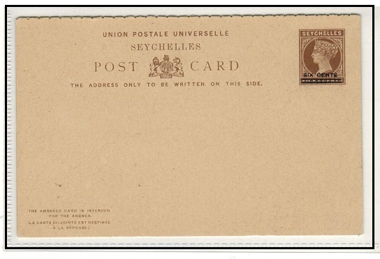 SEYCHELLES - 1902 6c on 8c brown PSRC unused.  H&G 8.