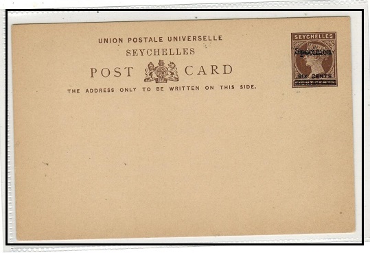 SEYCHELLES - 1902 6c on 8c brown PSC unused handstamped SPECIMEN in black.  H&G 7.