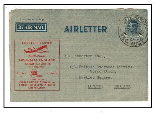 AUSTRALIA - 1945 7d blue air letter used on Qantas first flight to UK.