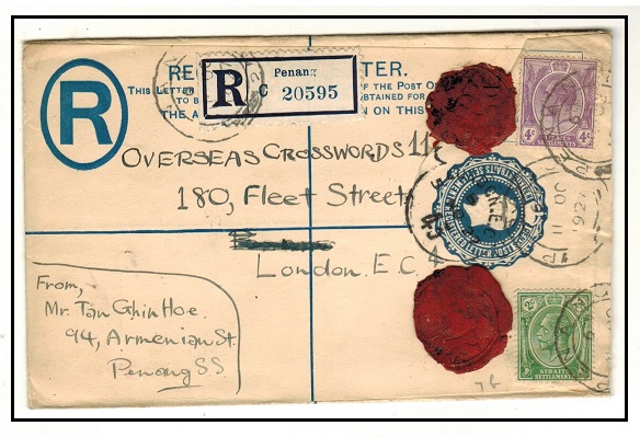 MALAYA - 1925 15c dark blue Straits RPSE uprated to UK and used at PENANG. H&G 7.