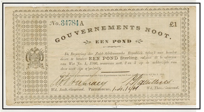 TRANSVAAL - 1900 1 black on white (Pietersburg) banknote.