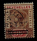 SEYCHELLES - 1901 3c on 36c (SG 39b) used showing 3 CENTS practically OMITTED.