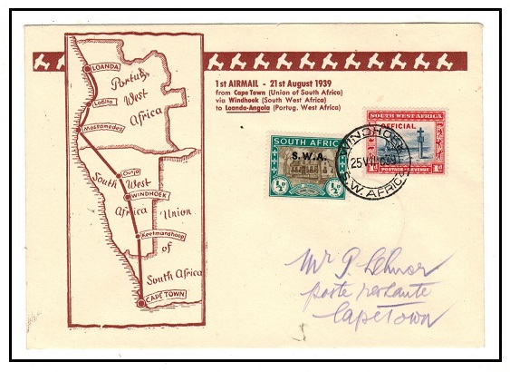 SOUTH WEST AFRICA - 1939 illustrated first flight cover to Cape Town from Windhoek.