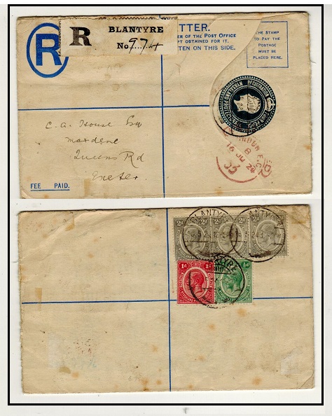 NYASALAND - 1914 4d blue RPSE uprated to UK used at BLANTYRE. H&G 2a.