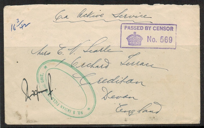 CEYLON - 1942 FPO 74 cover to UK with green No.5 INDIAN FIELD CENSOR UNIT h/s.