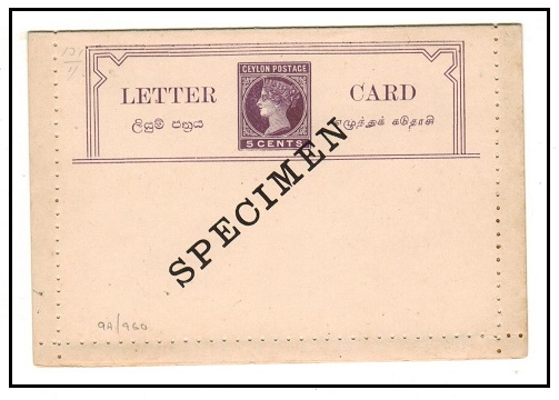 CEYLON - 1893 5c violet postal stationery letter card mint with SPECIMEN applied diagonally. H&G 1.