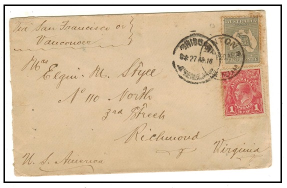 AUSTRALIA - 1918 3d rate cover to USA used at WINTON/QUEENSLAND.