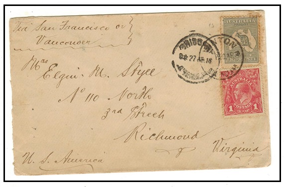 AUSTRALIA - 1918 3d rate cover to USA used at WINTON/QUEENSLAND.