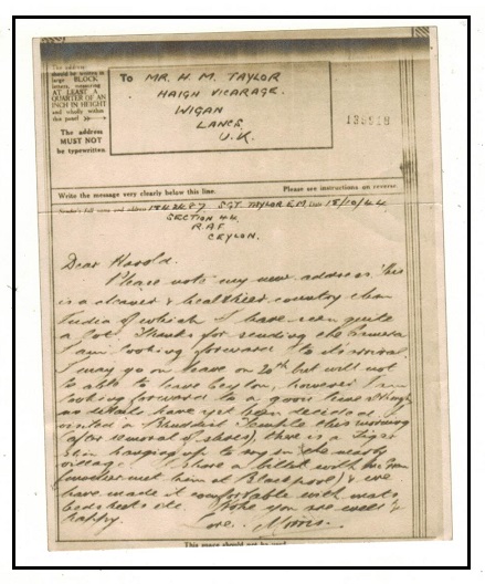 CEYLON - 1944 photographic air graph to UK from RAF Ceylon.