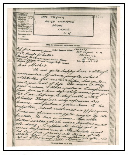 CEYLON - 1944 photographic censored air graph to UK from RAF Ceylon.