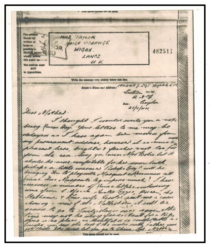 CEYLON - 1944 photographic censored air graph to UK from RAF Ceylon.