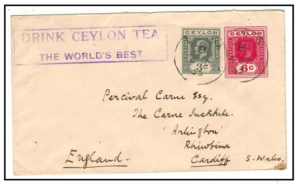 CEYLON - 1915 6c deep carmine rose PSE uprated with 3c grey to UK with 