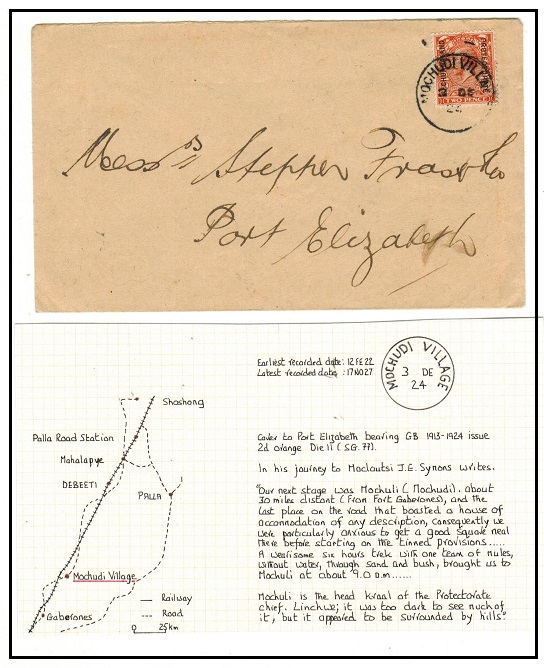 BECHUANALAND - 1924 2d rate cover to Port Elizabeth used at MOCHUDI VILLAGE.