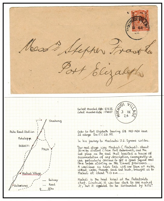 BECHUANALAND - 1924 2d rate cover to Port Elizabeth used at MOCHUDI VILLAGE.